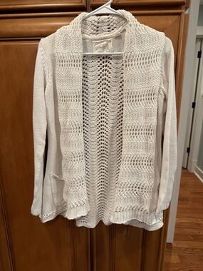 Anthropologie Angel of the North Open-Front Cream Cotton Crochet Knit Cardigan